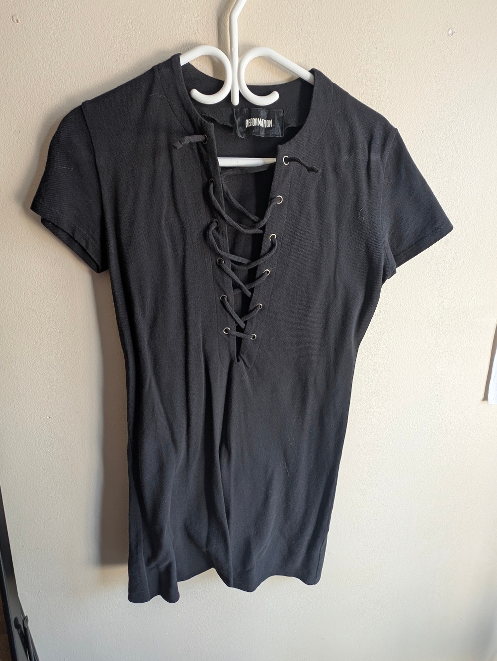 REFORMATION Black Lace-Up Front Women's Mini Dress